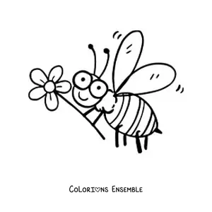 Image à colorier d'une abeille animée toute joyeuse qui vole en tenant une fleur