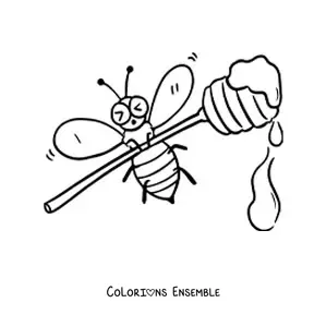 Image à colorier d'une abeille animée qui soulève une grande cuillère de miel