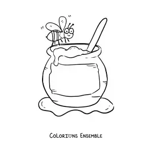 Image à colorier d'une abeille animée qui vole près d'un pot de miel
