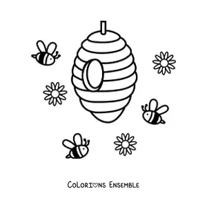 Image à colorier de plusieurs abeilles animées qui volent vers un rayon de miel, avec des fleurs dans les airs