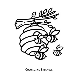 Image à colorier d'une ruche d'abeilles animées près d'un rayon de miel posé sur une branche