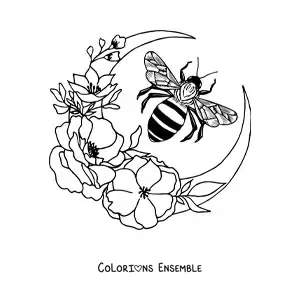 Image à colorier d'une abeille qui vole près d'un croissant de lune décoré de fleurs