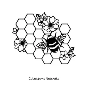 Image à colorier d'une abeille qui vole au-dessus des alvéoles d'un rayon de miel entouré de fleurs