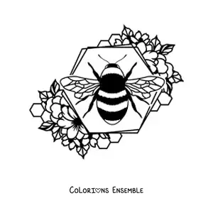 Image à colorier d'une petite abeille posée sur l'alvéole d'un rayon de miel, décorée de fleurs