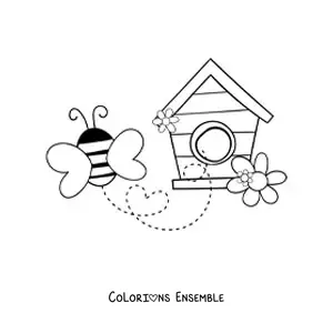 Image à colorier d'une abeille qui s'envole d'une maison en bois