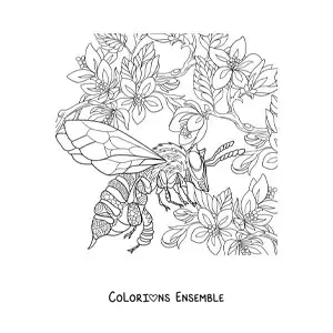 Image à colorier d'une abeille réaliste qui vole près des fleurs