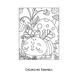 Image à colorier d'une adorable abeille qui dort parmi des champignons et des fraises