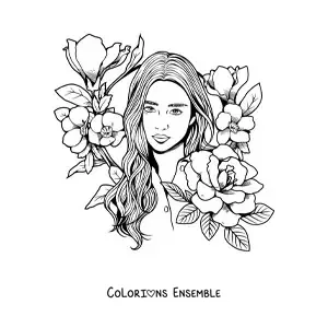 Image à colorier d'une jeune femme dans un style réaliste, entourée de fleurs