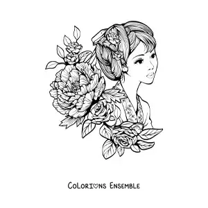 Image à colorier d'une femme asiatique entourée de fleurs