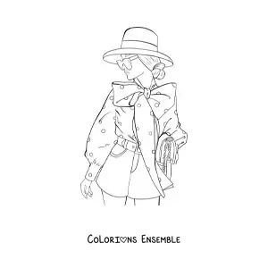 Image à colorier d'une femme portant des lunettes de soleil et un chapeau élégant