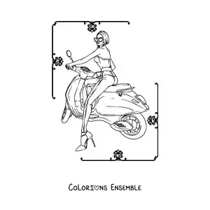 Image à colorier d'une femme en pantalon qui conduit une moto