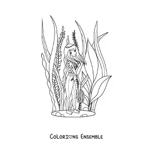 Image à colorier d'une fille moderne aux traits d'elfe sous l'eau
