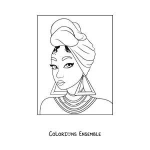 Image à colorier d'une fille afrodescendante avec de grandes boucles d'oreilles et un turban
