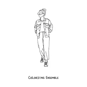 Image à colorier d'une fille en tenue moderne dessinée en pied