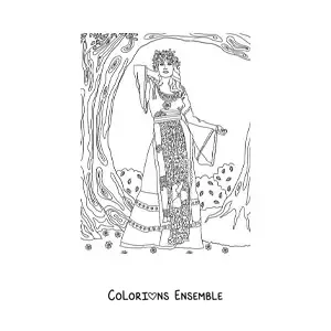 Image à colorier d'une fille vintage entourée de plantes et de lianes