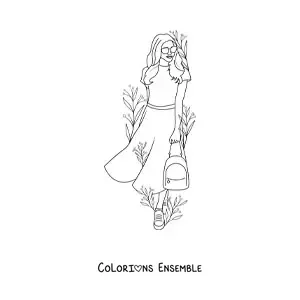 Image à colorier d'une fille moderne adossée à un mur, entourée de fleurs