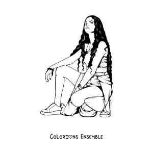 Image à colorier d'une adolescente moderne accroupie