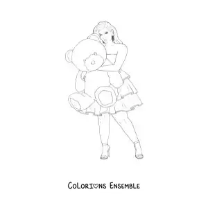 Image à colorier d'une fille en robe courte décontractée qui tient un ours en peluche