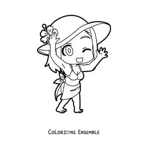 Image à colorier d'une fille kawaii habillée pour aller à la plage