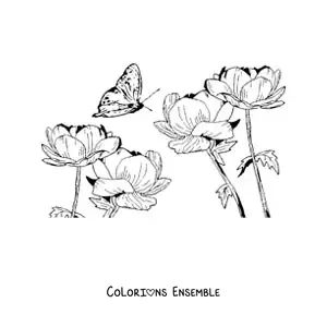 Image à colorier d'un papillon qui vole au-dessus de fleurs sauvages