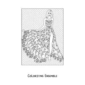 Image à colorier d'une femme dans une longue robe à motifs floraux