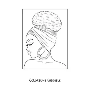 Image à colorier d'une femme afrodescendante avec de grandes boucles d'oreilles et les cheveux attachés