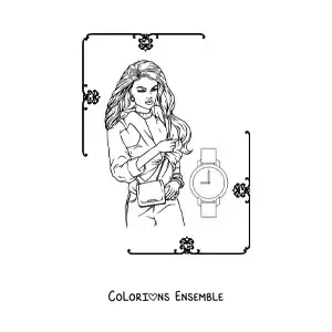 Image à colorier d'une femme portant une veste et une montre