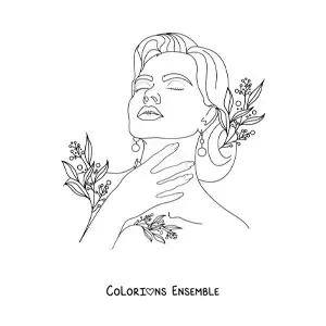 Image à colorier du visage d'une femme réaliste entouré de fleurs
