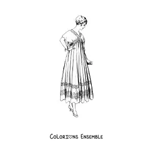 Image à colorier d'une femme portant une robe vintage