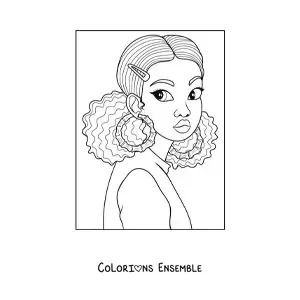 Image à colorier d'une fille afro-américaine avec de grandes boucles d'oreilles et les cheveux bouclés