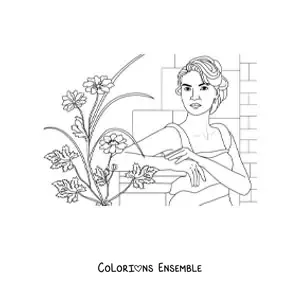 Image à colorier d'une femme réaliste à côté de plusieurs fleurs plantées