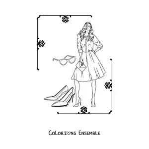 Image à colorier d'une femme portant une robe et des talons