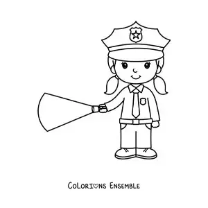 Image à colorier d'une femme policière kawaii avec une lampe de poche