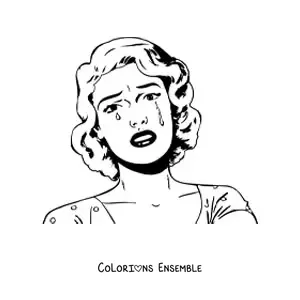Image à colorier du visage d'une femme en pleurs, dessiné dans un style vintage