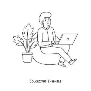 Image à colorier d'un homme moderne qui travaille sur son ordinateur