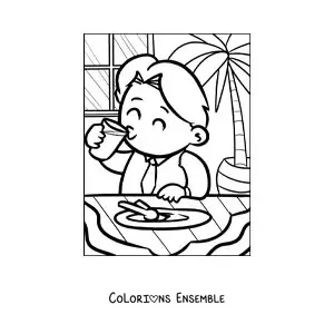 Image à colorier d'un homme en cravate qui mange joyeusement
