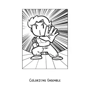 Image à colorier d'un karatéka de dessin animé qui donne un coup puissant