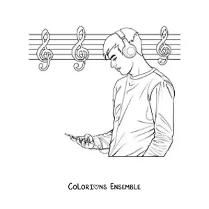 Image à colorier d'un jeune homme qui écoute de la musique avec un casque, sur un fond de portée musicale