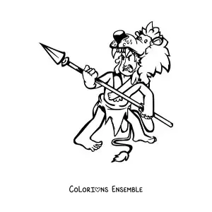 Image à colorier d'un homme en pagne et peau de lion qui brandit une lance d'un air furieux