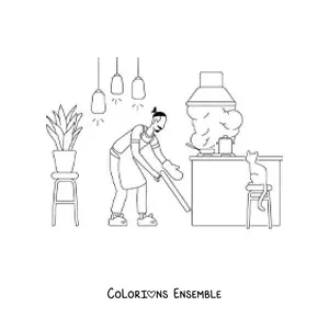 Image à colorier d'un homme qui fait le ménage dans un appartement