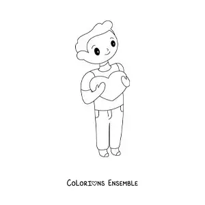 Image à colorier d'un jeune homme qui tient un cœur dans ses bras