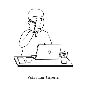 Image à colorier d'un jeune homme heureux qui travaille sur son ordinateur tout en parlant au téléphone