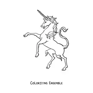 Image à colorier d’une licorne dressée sur deux pattes