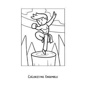 Image à colorier d'un jeune karatéka costaud à l'entraînement, dans un style de dessin animé