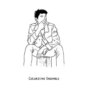 Image à colorier d'un jeune homme assis, l'air pensif