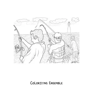 Image à colorier de plusieurs hommes qui pêchent au bord d'un lac
