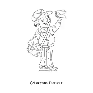 Image à colorier d'un jeune homme habillé en facteur