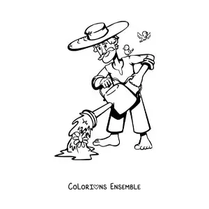 Image à colorier d'un jardinier qui arrose les plantes