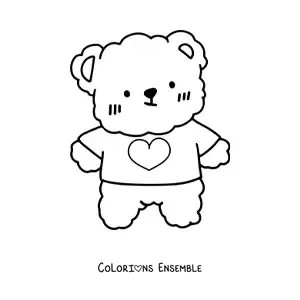 Image à colorier d'un ours en peluche kawaii avec un tee-shirt orné d'un cœur