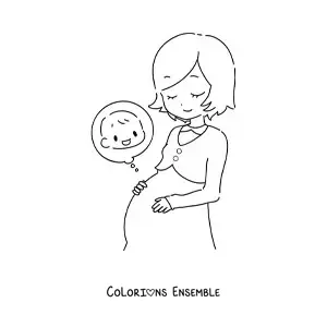 Image à colorier d'une jeune femme enceinte qui sent son bébé bouger dans son ventre